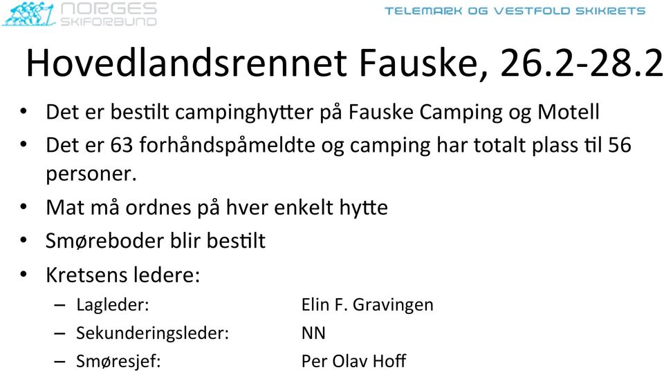 forhåndspåmeldte og camping har totalt plass Ll 56 personer.