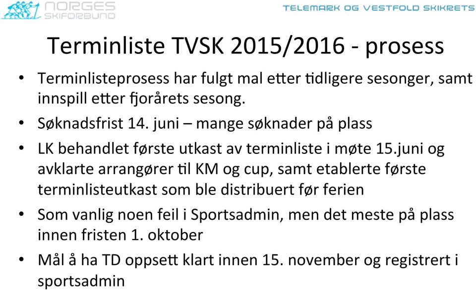 juni og avklarte arrangører Ll KM og cup, samt etablerte første terminlisteutkast som ble distribuert før ferien Som vanlig