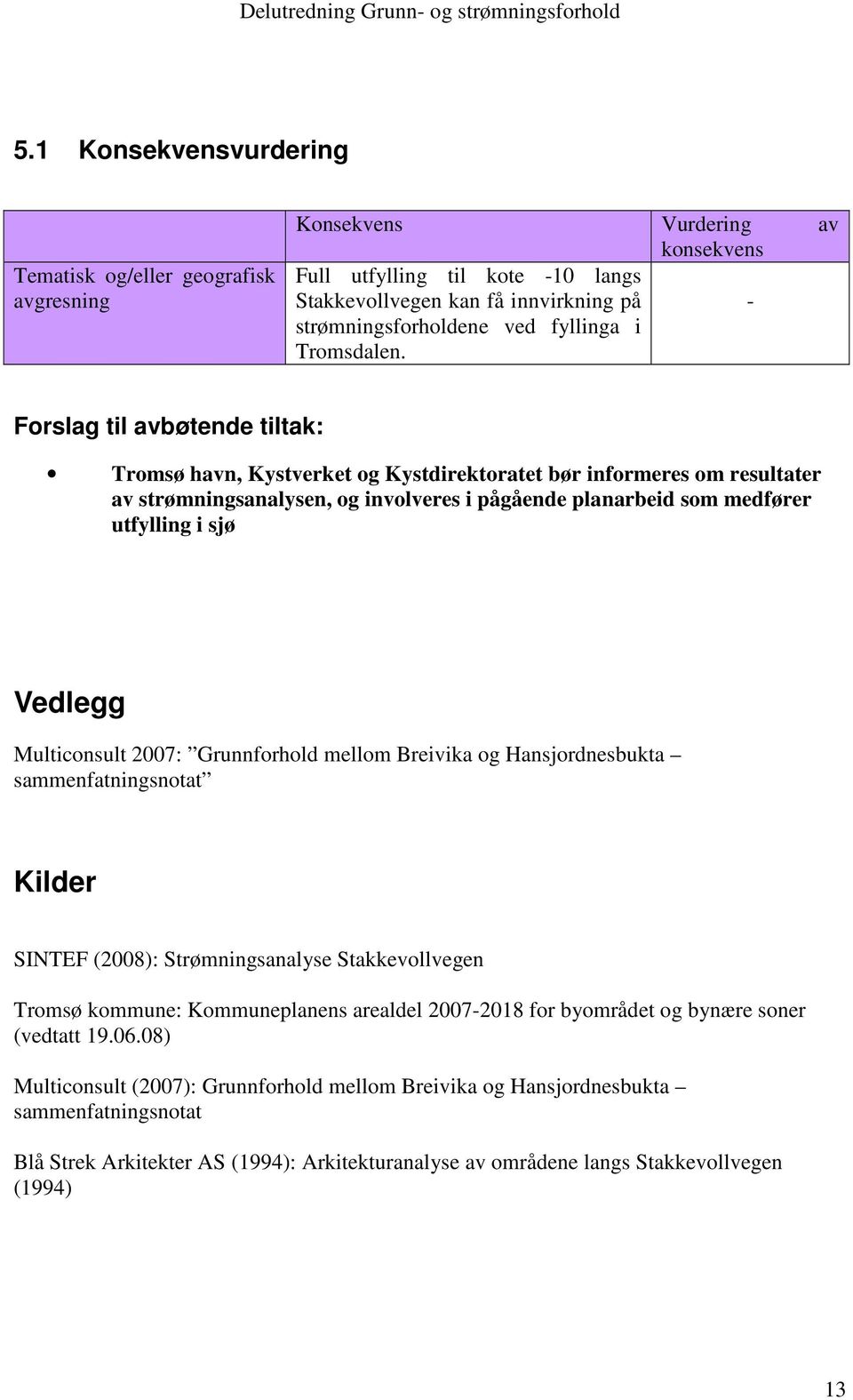 Forslag til avbøtende tiltak: Tromsø havn, Kystverket og Kystdirektoratet bør informeres om resultater av strømningsanalysen, og involveres i pågående planarbeid som medfører utfylling i sjø Vedlegg