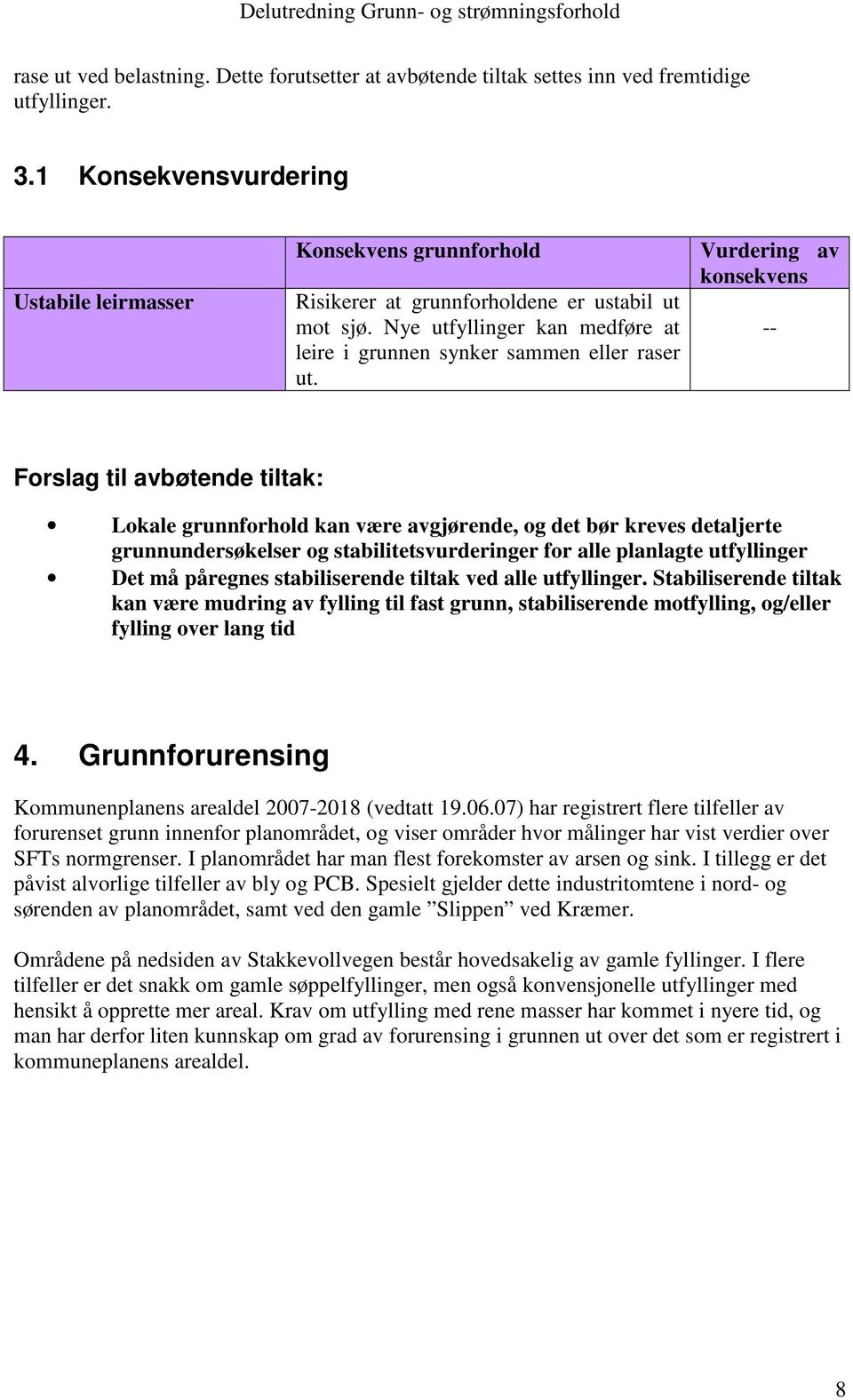 Vurdering av konsekvens -- Forslag til avbøtende tiltak: Lokale grunnforhold kan være avgjørende, og det bør kreves detaljerte grunnundersøkelser og stabilitetsvurderinger for alle planlagte