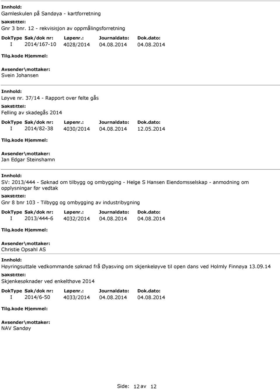 2014 Jan Edgar Steinshamn SV: 2013/444 - Søknad om tilbygg og ombygging - Helge S Hansen Eiendomsselskap - anmodning om opplysningar før vedtak Gnr 8 bnr 103 -