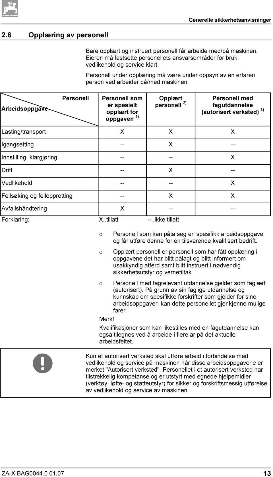 Arbeidsoppgave Personell Personell som er spesielt opplært for oppgaven 1) Opplært personell 2) Personell med fagutdannelse (autorisert verksted) 3) Lasting/transport X X X Igangsetting -- X --