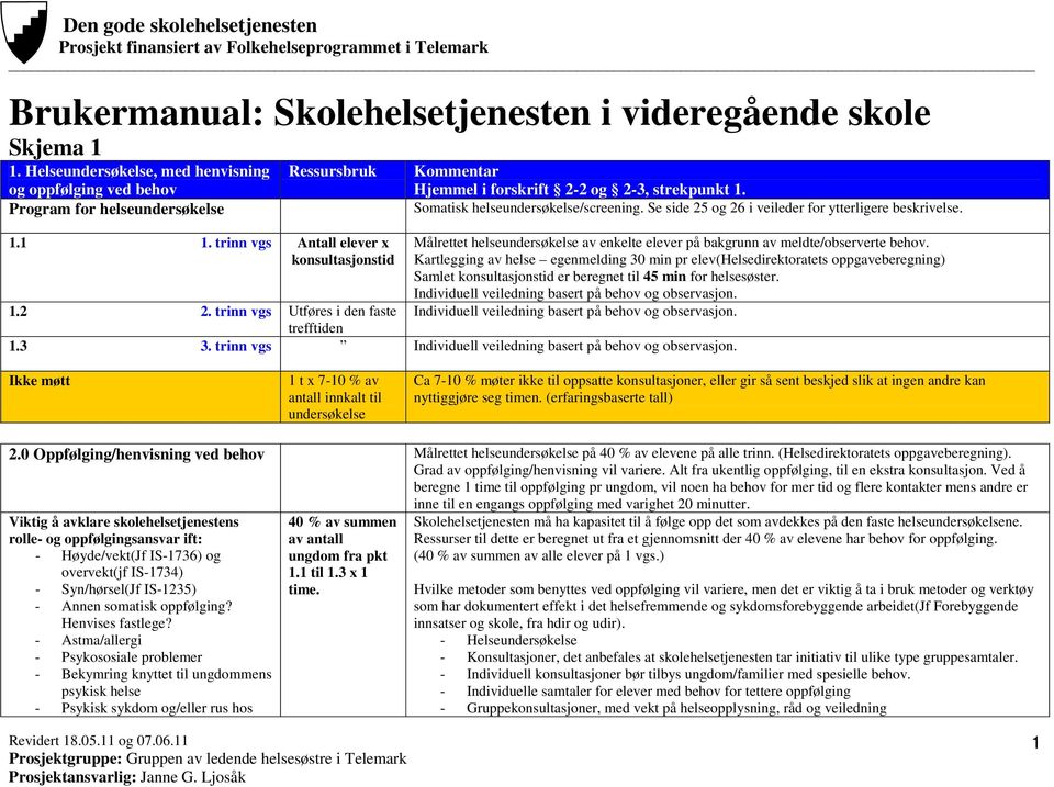 Kartlegging av helse egenmelding 30 min pr elev(helsedirektoratets oppgaveberegning) Samlet konsultasjonstid er beregnet til 45 min for helsesøster.