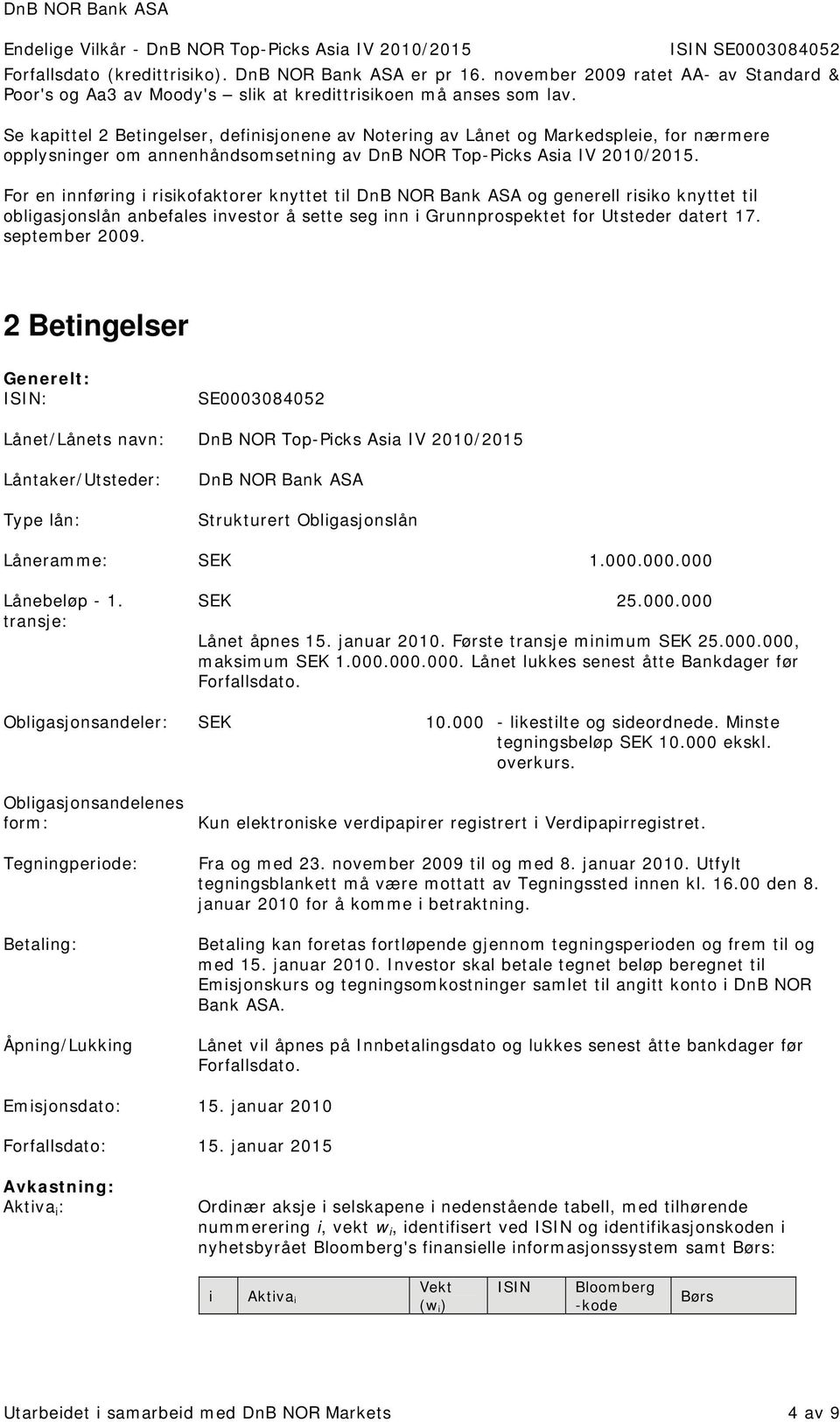 For en innføring i risikofaktorer knyttet til DnB NOR Bank ASA og generell risiko knyttet til obligasjonslån anbefales investor å sette seg inn i Grunnprospektet for Utsteder datert 17.