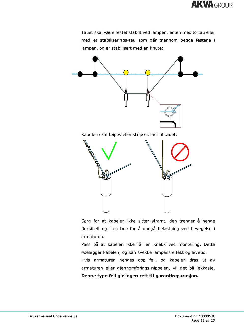 belastning ved bevegelse i armaturen. Pass på at kabelen ikke får en knekk ved montering. Dette ødelegger kabelen, og kan svekke lampens effekt og levetid.