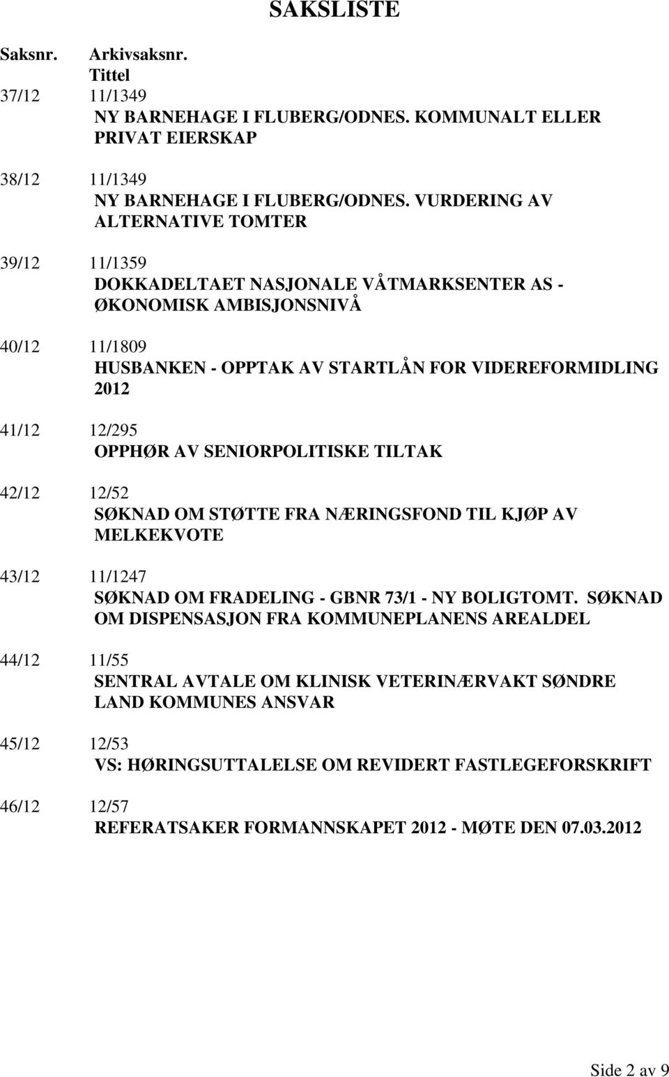 OPPHØR AV SENIORPOLITISKE TILTAK 42/12 12/52 SØKNAD OM STØTTE FRA NÆRINGSFOND TIL KJØP AV MELKEKVOTE 43/12 11/1247 SØKNAD OM FRADELING - GBNR 73/1 - NY BOLIGTOMT.