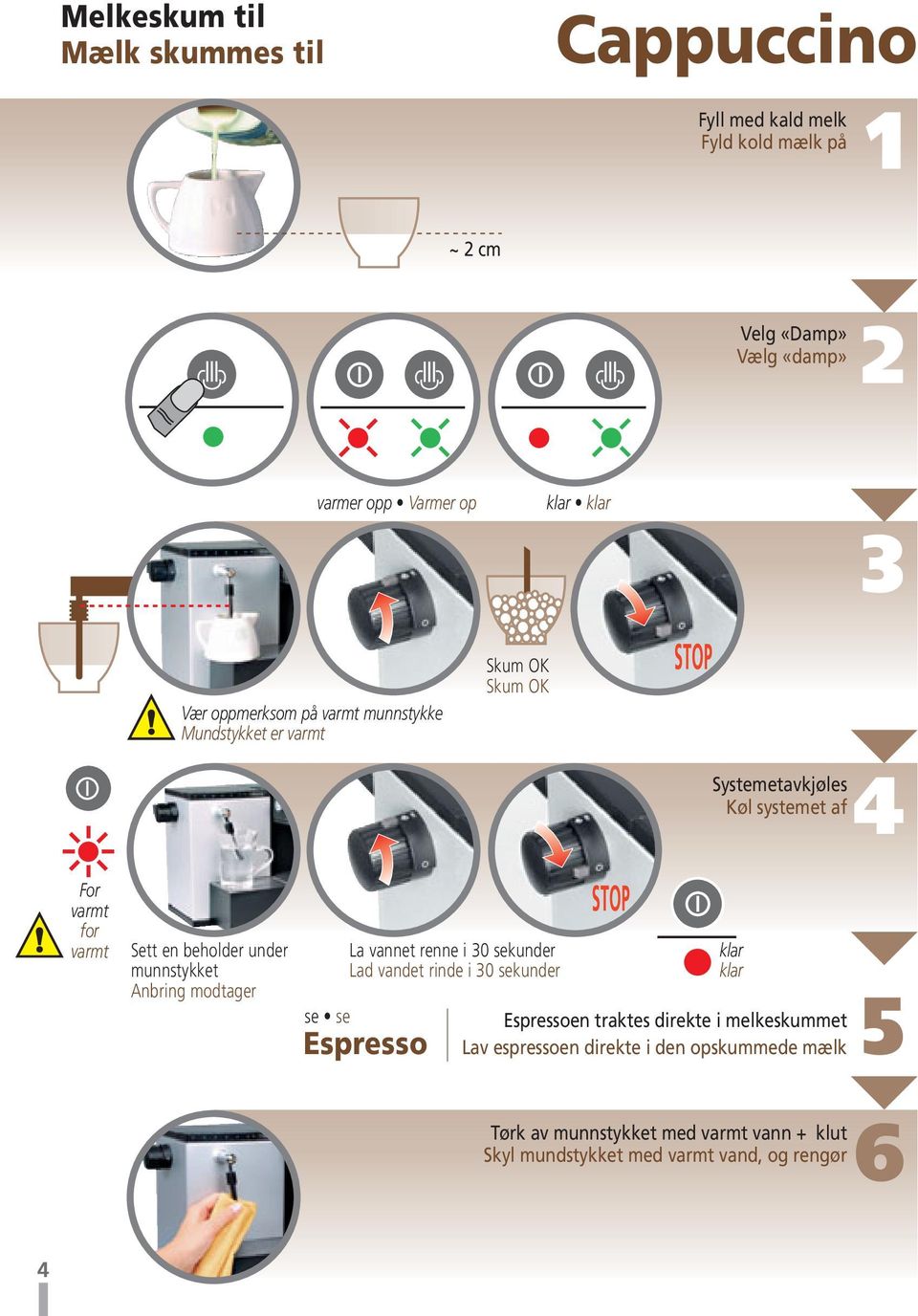 under munnstykket Anbring modtager La vannet renne i 0 sekunder Lad vandet rinde i 0 sekunder se se Espresso Espressoen traktes direkte i