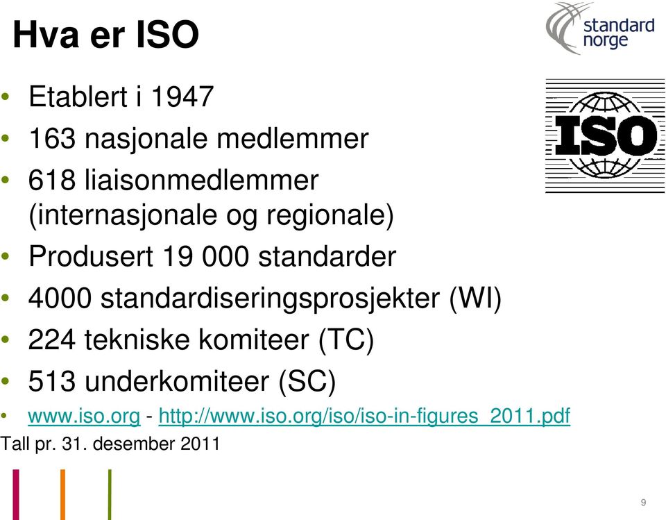 standardiseringsprosjekter (WI) 224 tekniske komiteer (TC) 513 underkomiteer