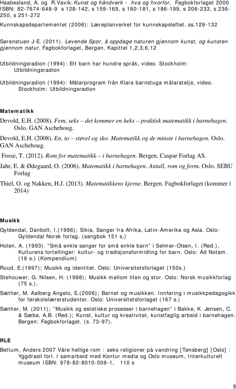 Læreplanverket for kunnskapsløftet. ss.129-132 Sørenstuen J-E. (2011). Levende Spor, å oppdage naturen gjennom kunst, og kunsten gjennom natur. Fagbokforlaget, Bergen.