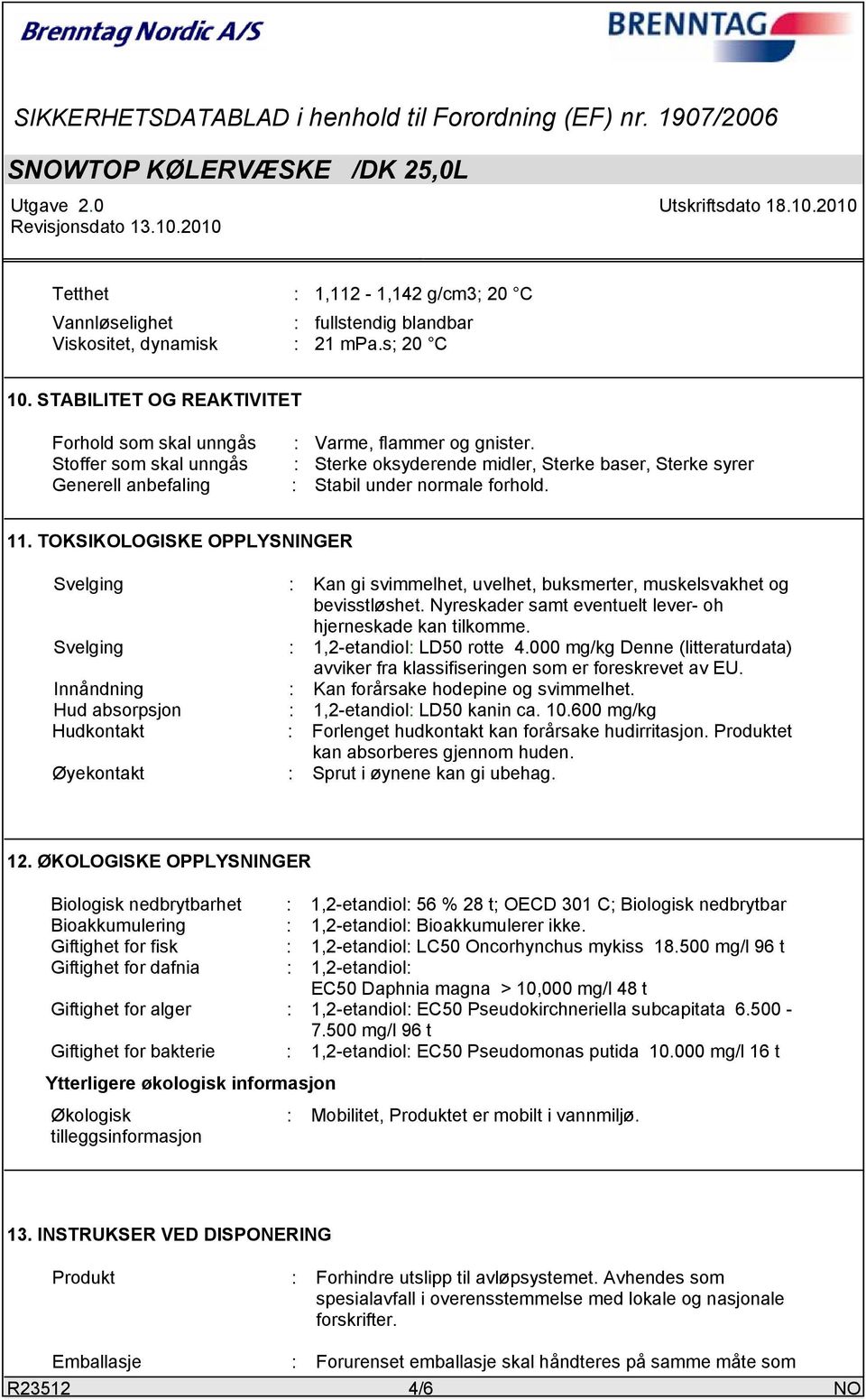 : Sterke oksyderende midler, Sterke baser, Sterke syrer : Stabil under normale forhold. 11.