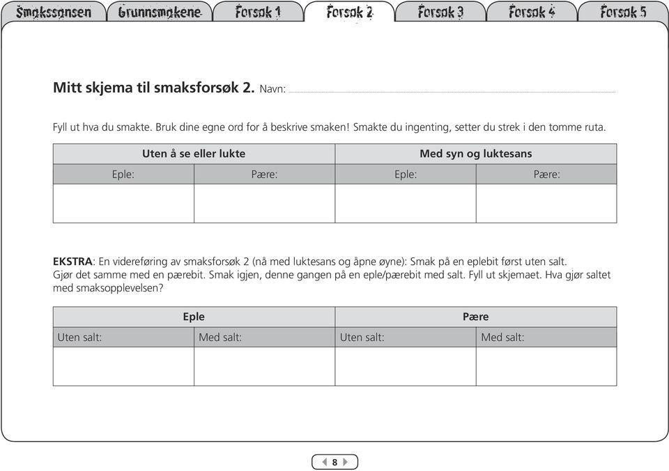 Uten å se eller lukte Med syn og luktesans Eple: Pære: Eple: Pære: EKSTRA: En videreføring av smaksforsøk 2 (nå med luktesans og