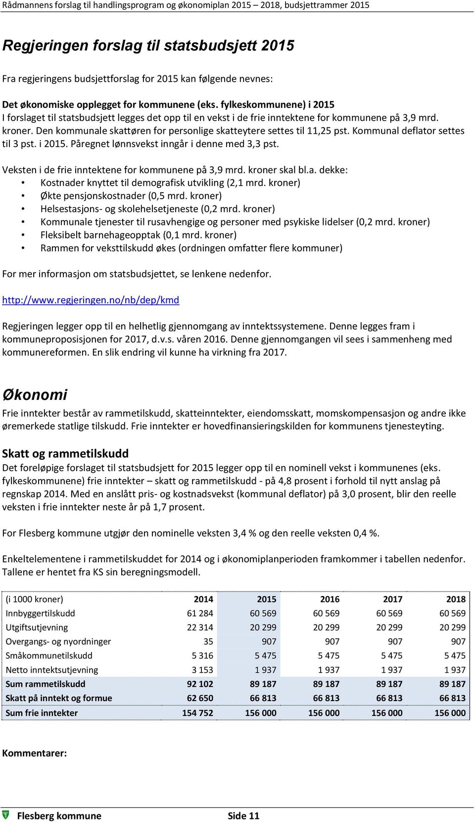 Den kommunale skattøren for personlige skatteytere settes til 11,25 pst. Kommunal deflator settes til 3 pst. i 2015. Påregnet lønnsvekst inngår i denne med 3,3 pst.