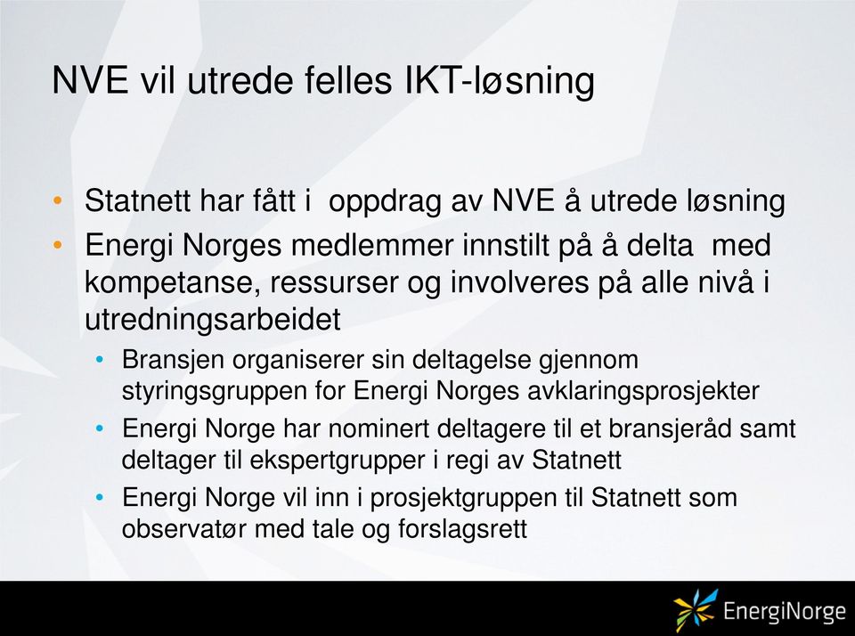 styringsgruppen for Energi Norges avklaringsprosjekter Energi Norge har nominert deltagere til et bransjeråd samt deltager