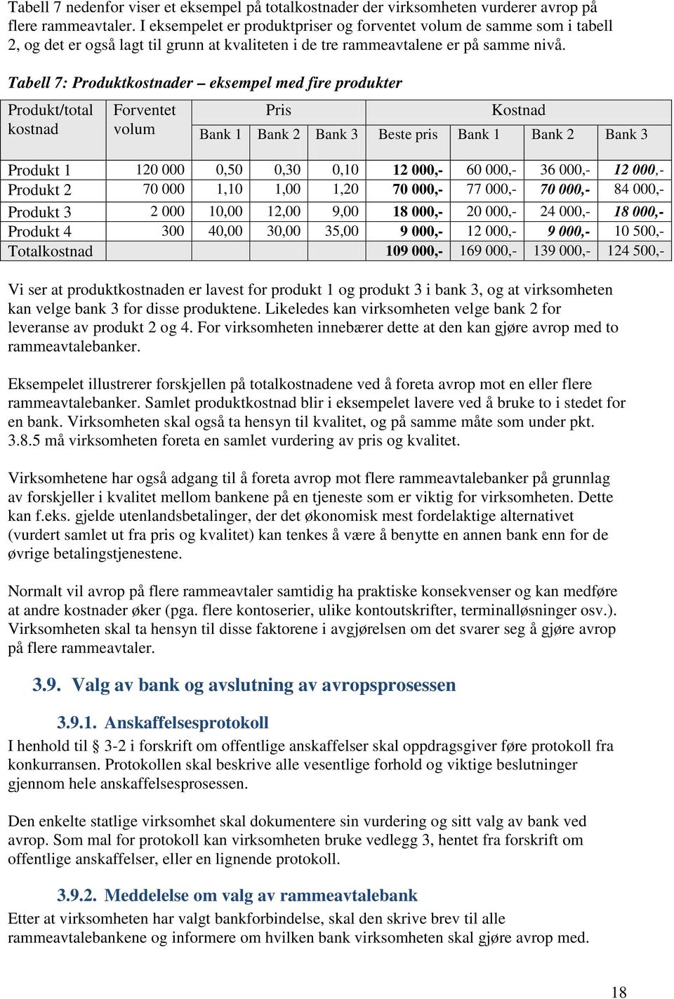 Tabell 7: Produktkostnader eksempel med fire produkter Produkt/total kostnad Forventet volum Pris Kostnad Bank 1 Bank 2 Bank 3 Beste pris Bank 1 Bank 2 Bank 3 Produkt 1 120 000 0,50 0,30 0,10 12