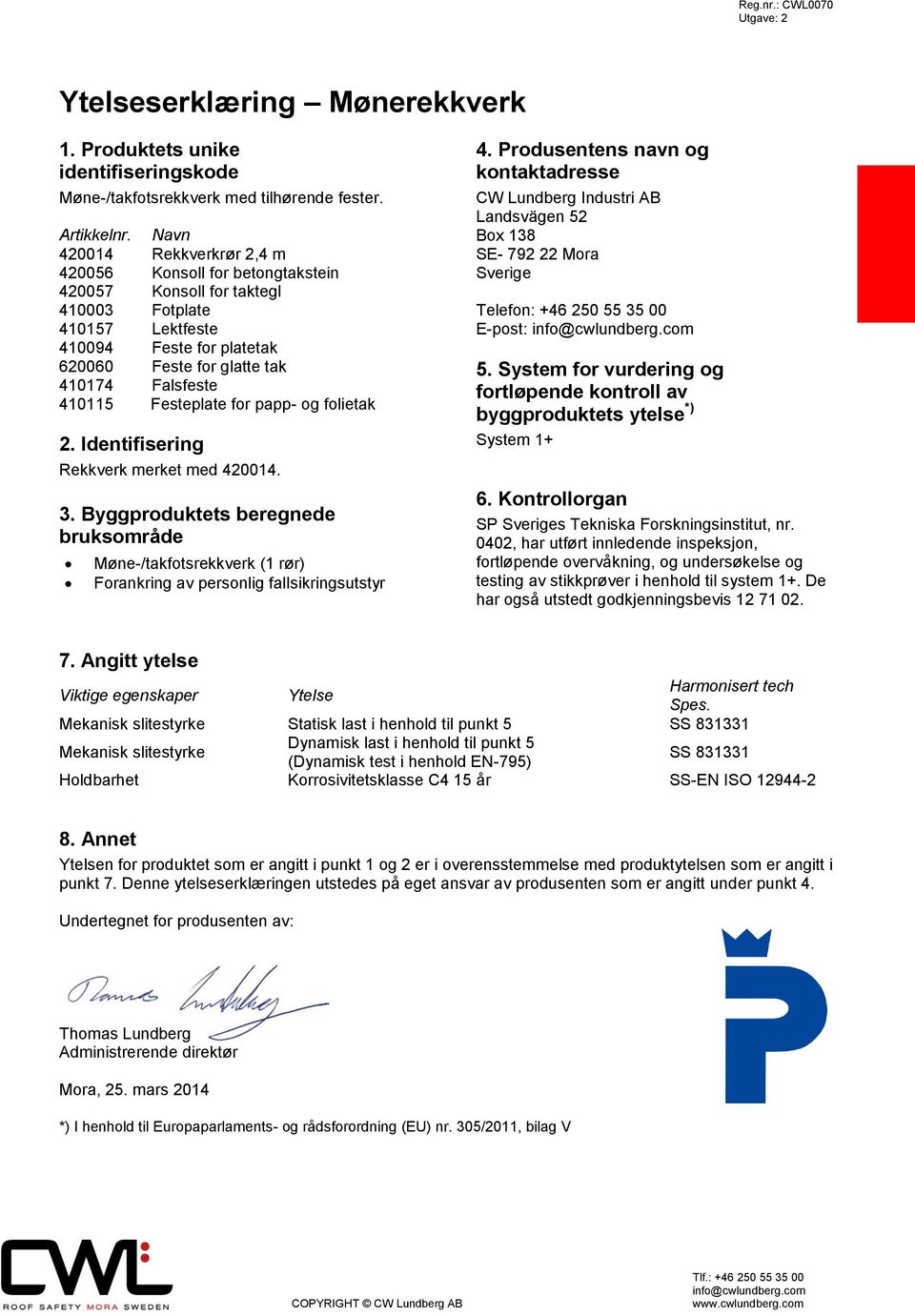 410115 Festeplate for papp- og folietak 2. Identifisering Rekkverk merket med 420014. 3.