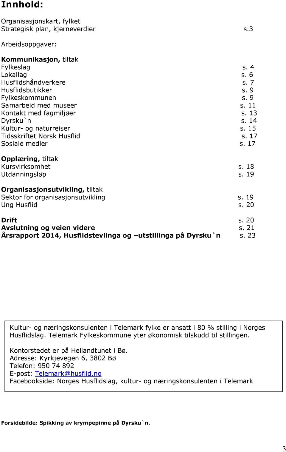 17 Opplæring, tiltak Kursvirksomhet s. 18 Utdanningsløp s. 19 Organisasjonsutvikling, tiltak Sektor for organisasjonsutvikling s. 19 Ung Husflid s. 20 Drift s. 20 Avslutning og veien videre s.