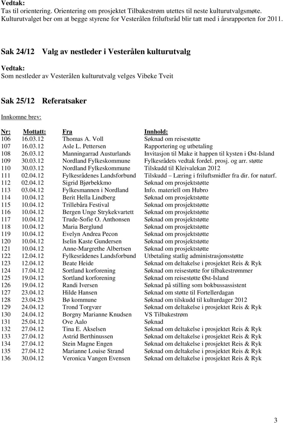 Sak 24/12 Valg av nestleder i Vesterålen kulturutvalg Som nestleder av Vesterålen kulturutvalg velges Vibeke Tveit Sak 25/12 Referatsaker Innkomne brev: Nr: Mottatt: Fra Innhold: 106 16.03.