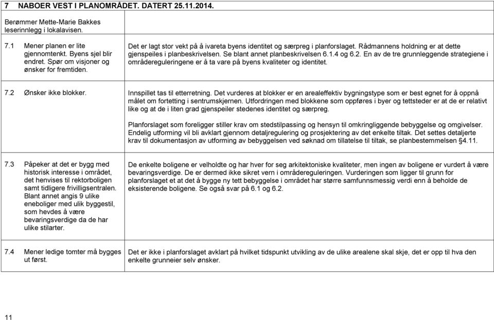 Se blant annet planbeskrivelsen 6.1.4 og 6.2. En av de tre grunnleggende strategiene i områdereguleringene er å ta vare på byens kvaliteter og identitet. 7.2 Ønsker ikke blokker.