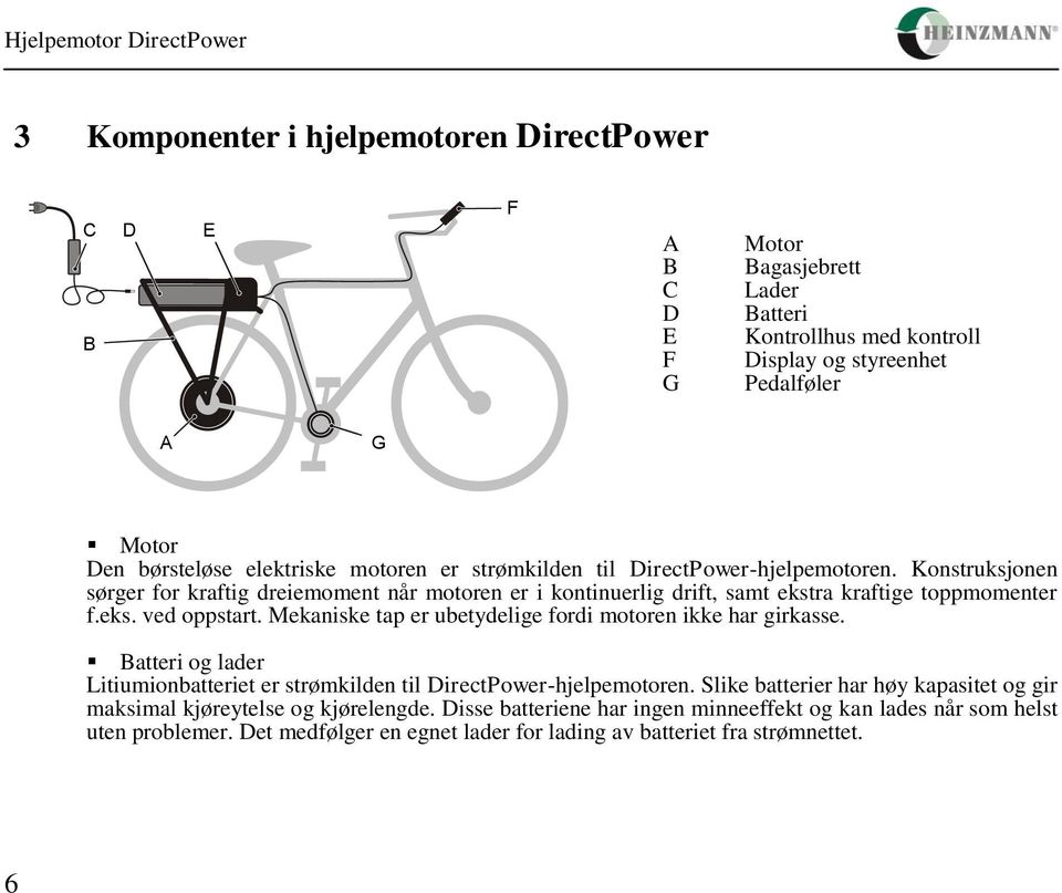 Mekaniske tap er ubetydelige fordi motoren ikke har girkasse. Batteri og lader Litiumionbatteriet er strømkilden til DirectPower-hjelpemotoren.