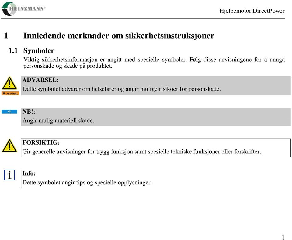 ADVARSEL ADVARSEL: Dette symbolet advarer om helsefarer og angir mulige risikoer for personskade. NB!