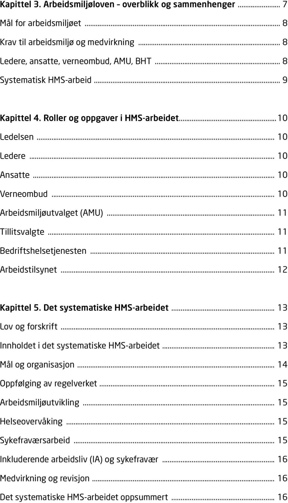 .. 11 Arbeidstilsynet... 12 Kapittel 5. Det systematiske HMS-arbeidet... 13 Lov og forskrift... 13 Innholdet i det systematiske HMS-arbeidet... 13 Mål og organisasjon... 14 Oppfølging av regelverket.