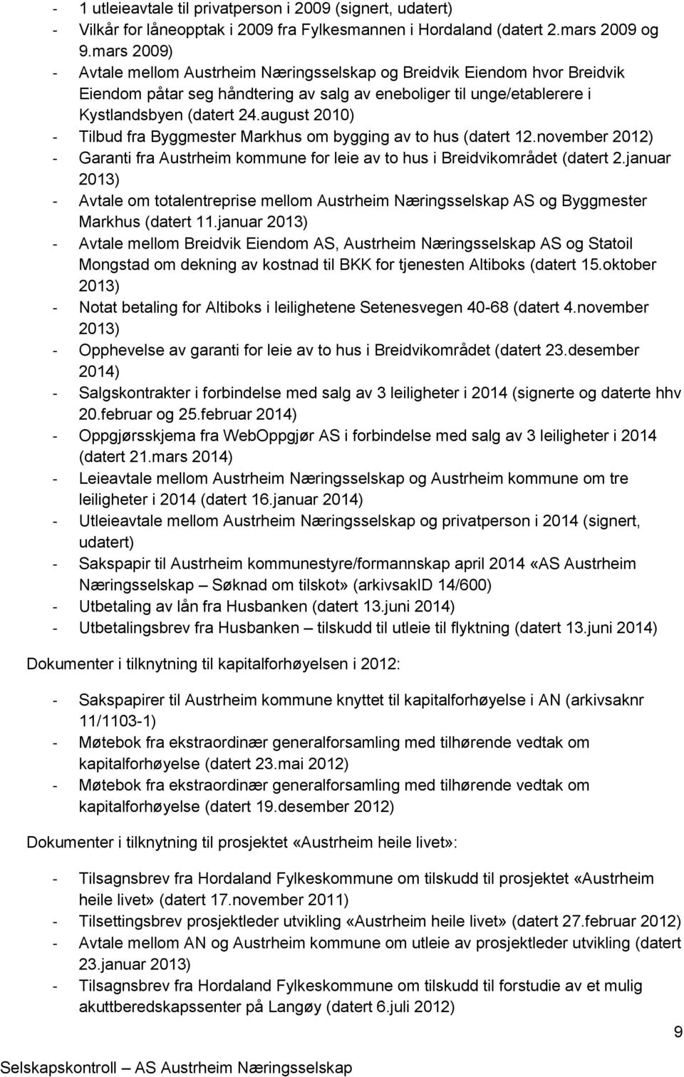 august 2010) - Tilbud fra Byggmester Markhus om bygging av to hus (datert 12.november 2012) - Garanti fra Austrheim kommune for leie av to hus i Breidvikområdet (datert 2.