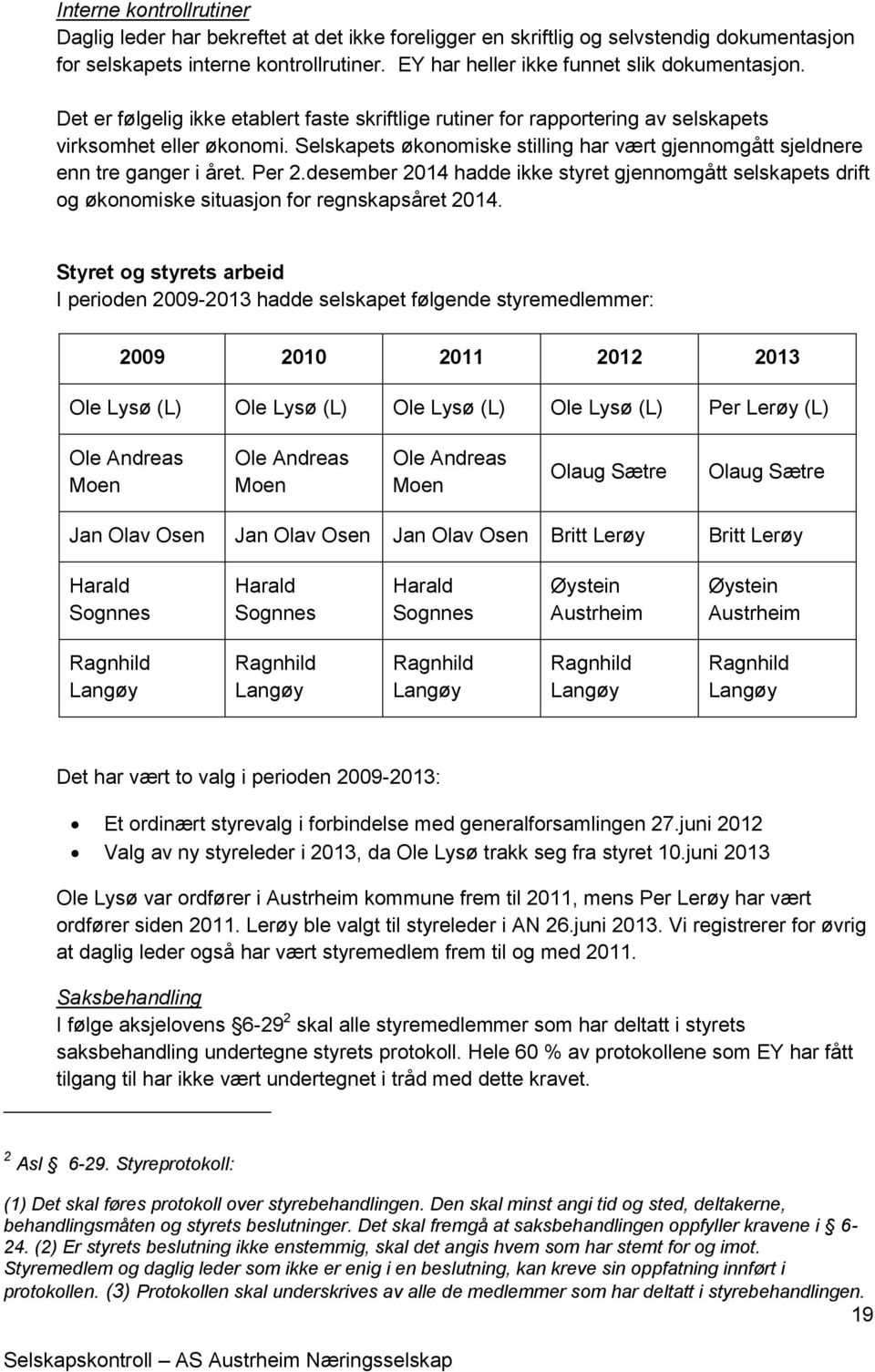 Selskapets økonomiske stilling har vært gjennomgått sjeldnere enn tre ganger i året. Per 2.desember 2014 hadde ikke styret gjennomgått selskapets drift og økonomiske situasjon for regnskapsåret 2014.