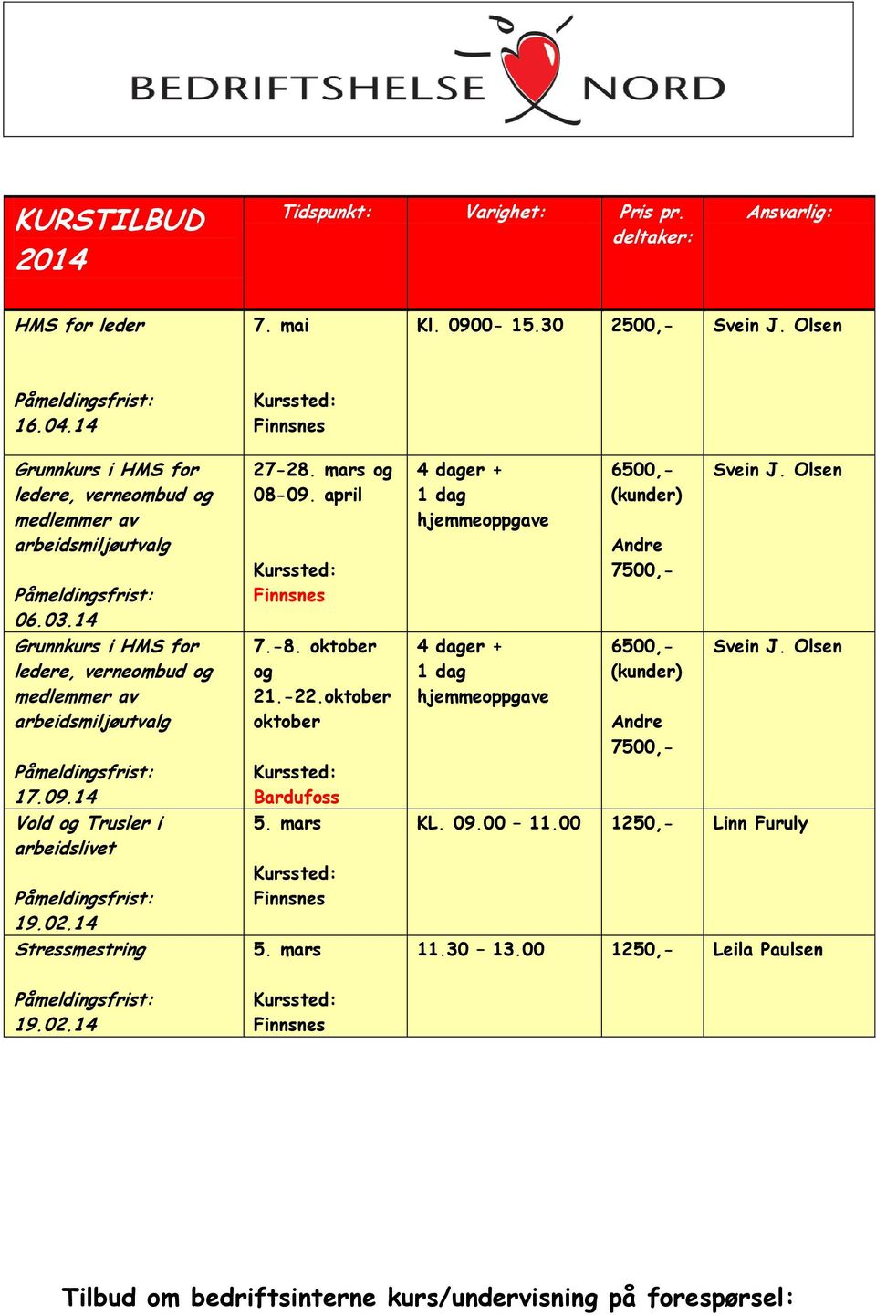 14 Vold og Trusler i arbeidslivet 19.02.14 Stressmestring 27-28. mars og 08-09. april 7.-8. oktober og 21.-22.oktober oktober Bardufoss 5. mars 5.