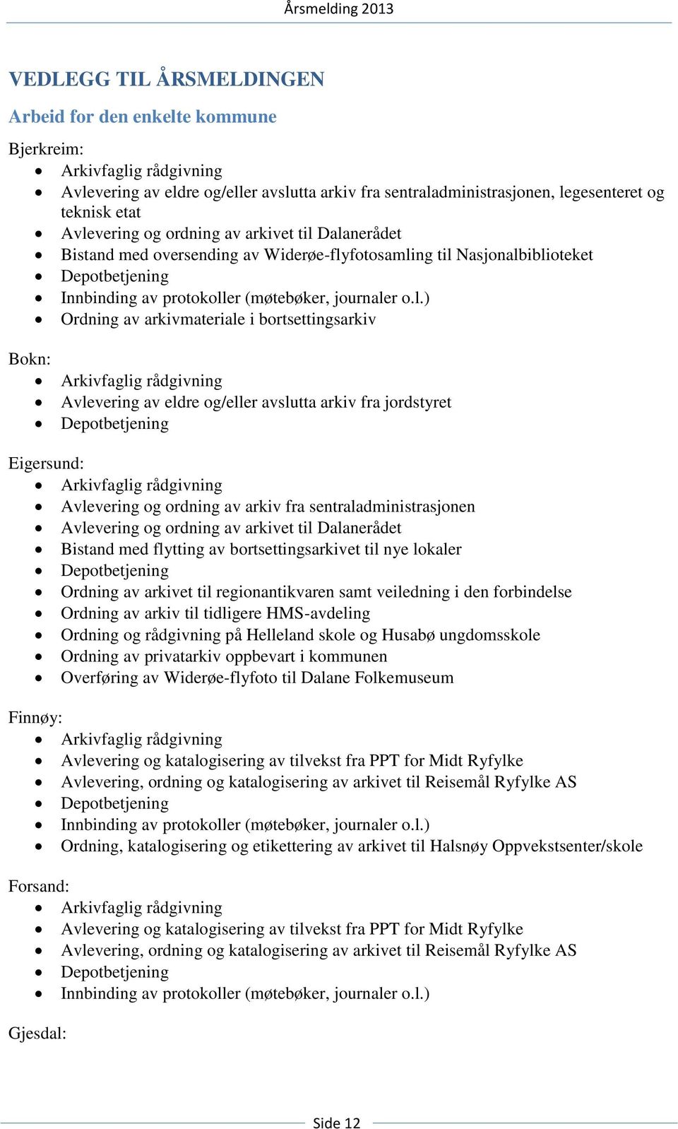 av arkivmateriale i bortsettingsarkiv Bokn: Arkivfaglig rådgivning Avlevering av eldre og/eller avslutta arkiv fra jordstyret Depotbetjening Eigersund: Arkivfaglig rådgivning Avlevering og ordning av