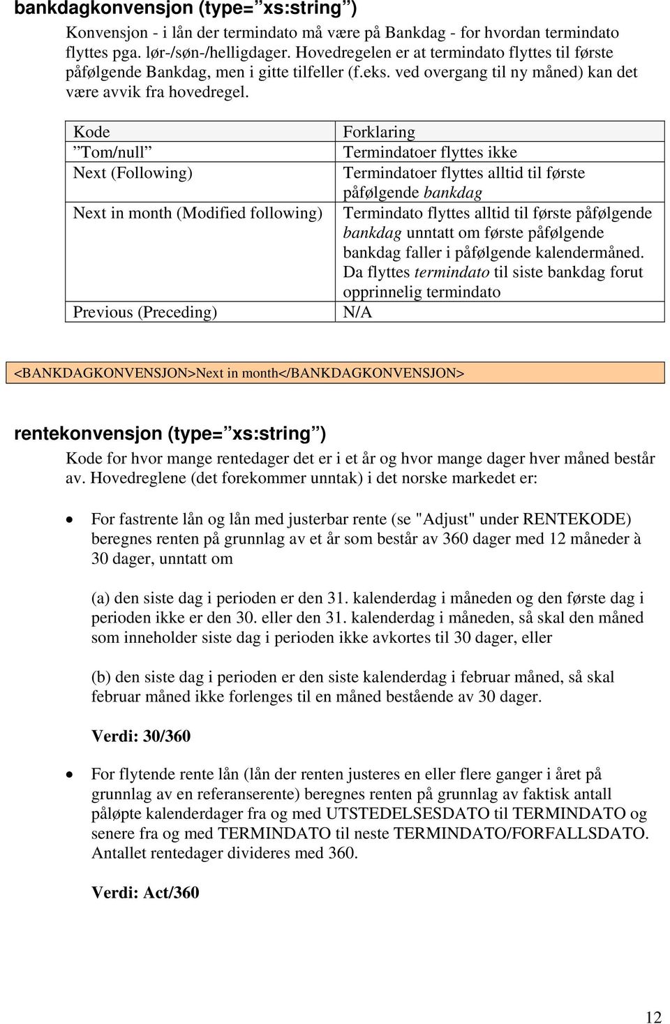 Kode Tom/null Next (Following) Next in month (Modified following) Previous (Preceding) Forklaring Termindatoer flyttes ikke Termindatoer flyttes alltid til første påfølgende bankdag Termindato