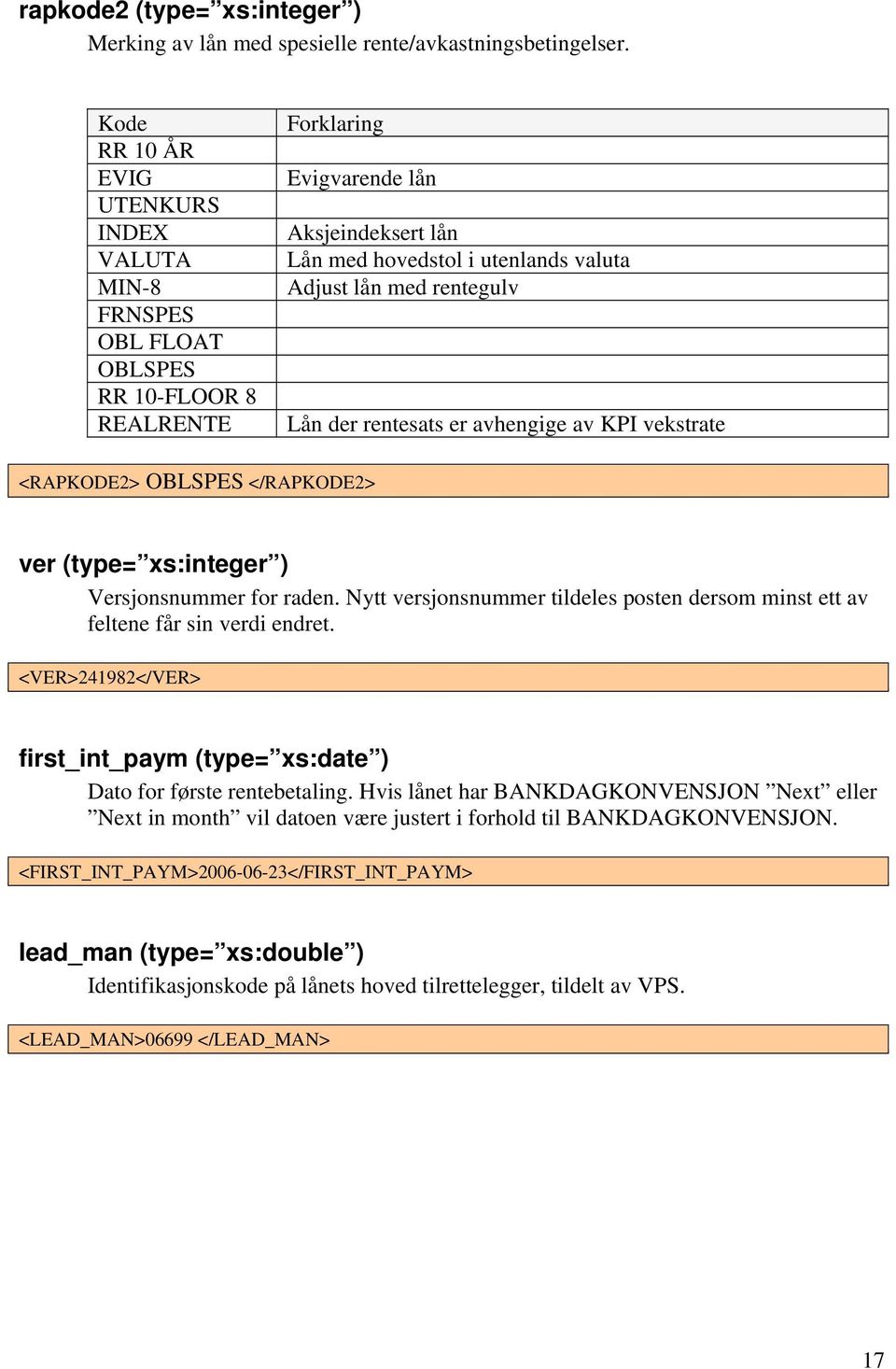 rentegulv Lån der rentesats er avhengige av KPI vekstrate <RAPKODE2> OBLSPES </RAPKODE2> ver (type= xs:integer ) Versjonsnummer for raden.