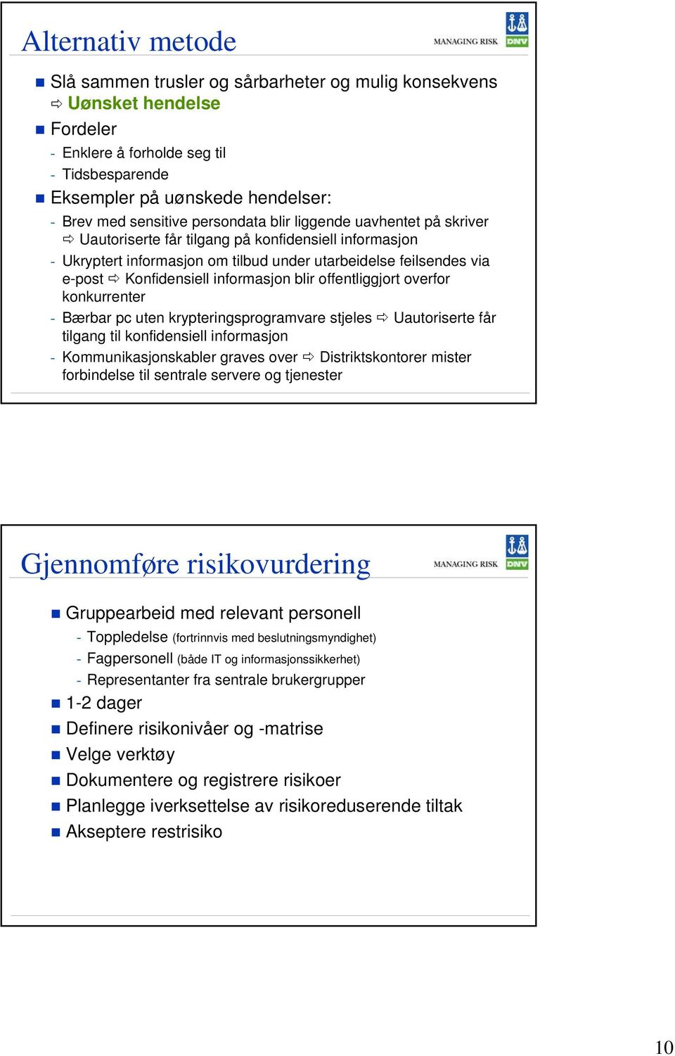 informasjon blir offentliggjort overfor konkurrenter - Bærbar pc uten krypteringsprogramvare stjeles Uautoriserte får tilgang til konfidensiell informasjon - Kommunikasjonskabler graves over