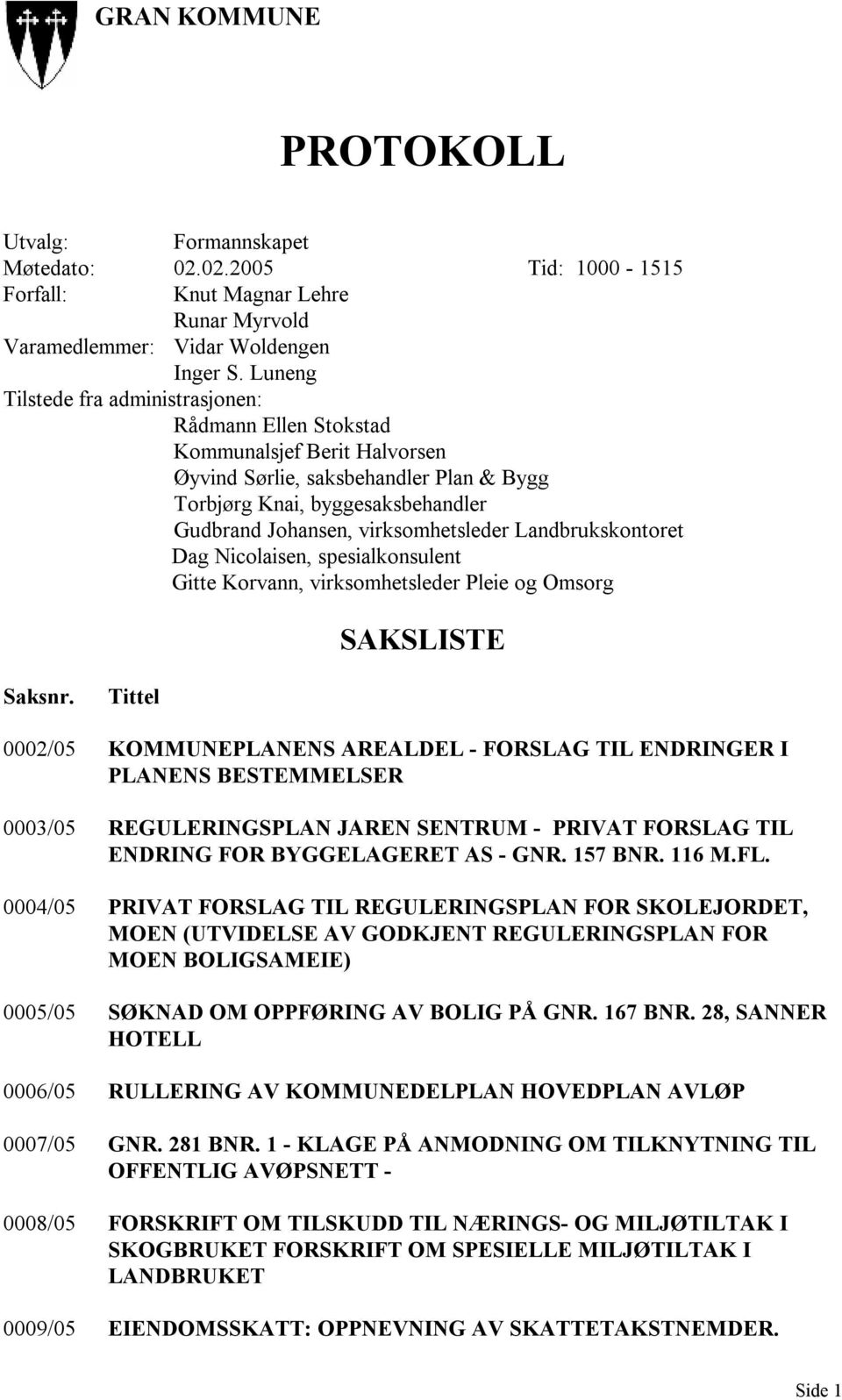 virksomhetsleder Landbrukskontoret Dag Nicolaisen, spesialkonsulent Gitte Korvann, virksomhetsleder Pleie og Omsorg SAKSLISTE Saksnr.