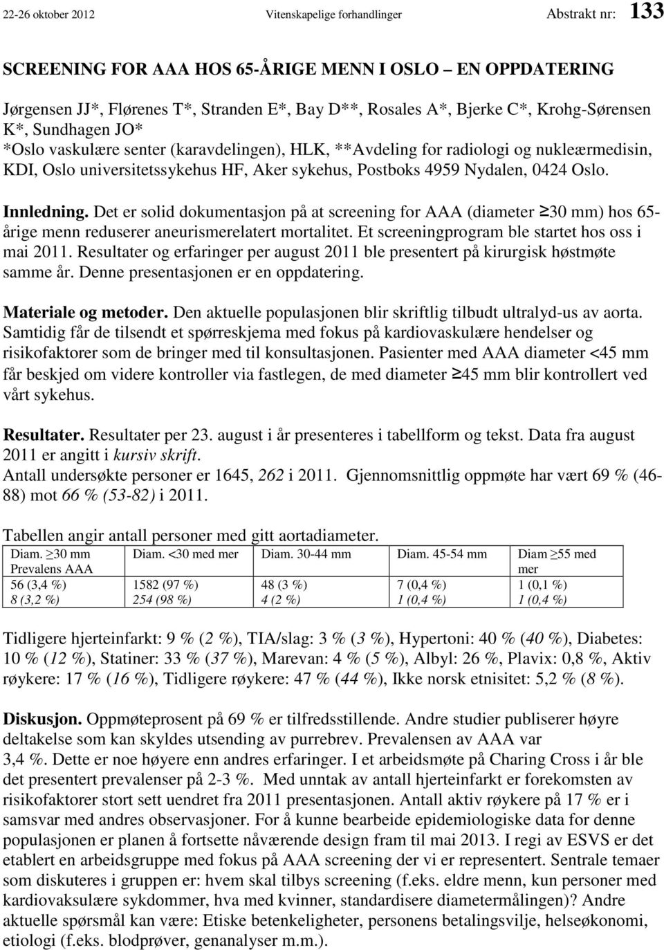 Oslo. Innledning. Det er solid dokumentasjon på at screening for AAA (diameter 30 mm) hos 65- årige menn reduserer aneurismerelatert mortalitet. Et screeningprogram ble startet hos oss i mai 2011.