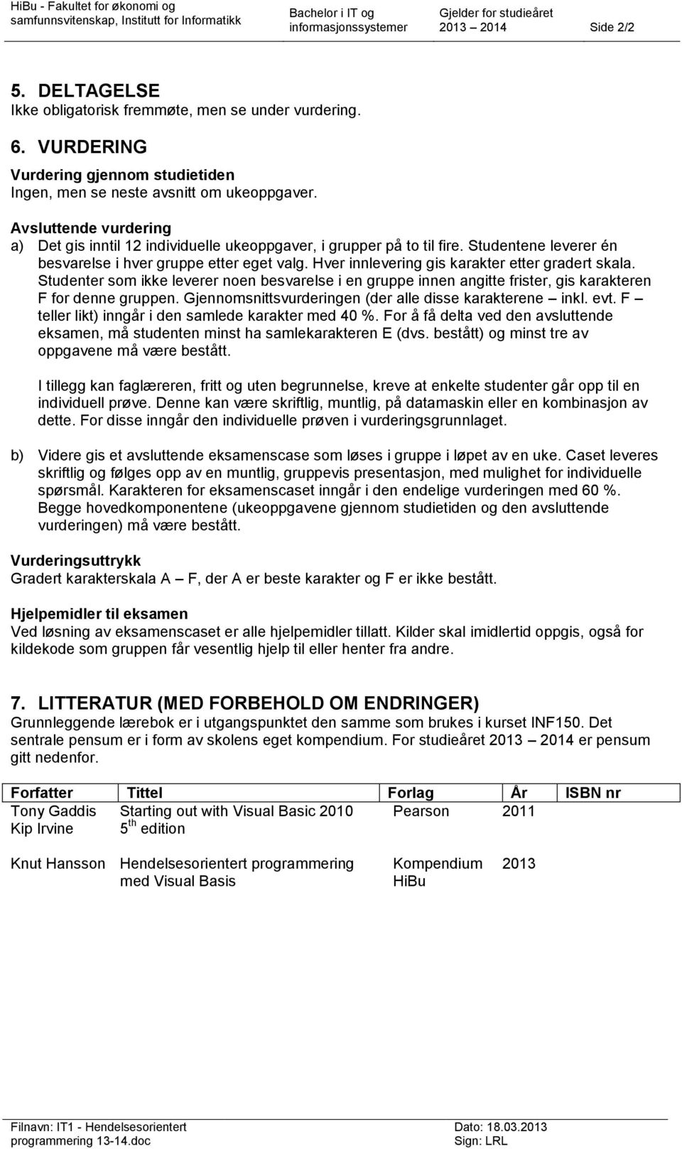 Studentene leverer én besvarelse i hver gruppe etter eget valg. Hver innlevering gis karakter etter gradert skala.