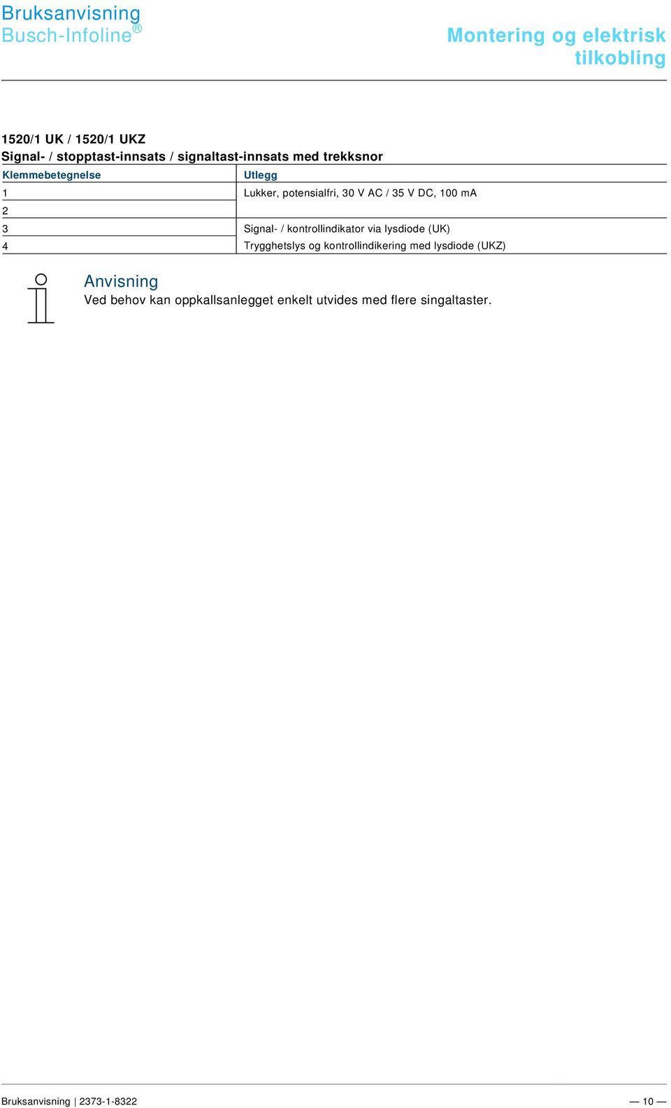 docx @ 160802 @ @ 1 Busch-Infoline Montering og elektrisk tilkobling 1520/1 UK / 1520/1 UKZ Signal- / stopptast-innsats / signaltast-innsats med