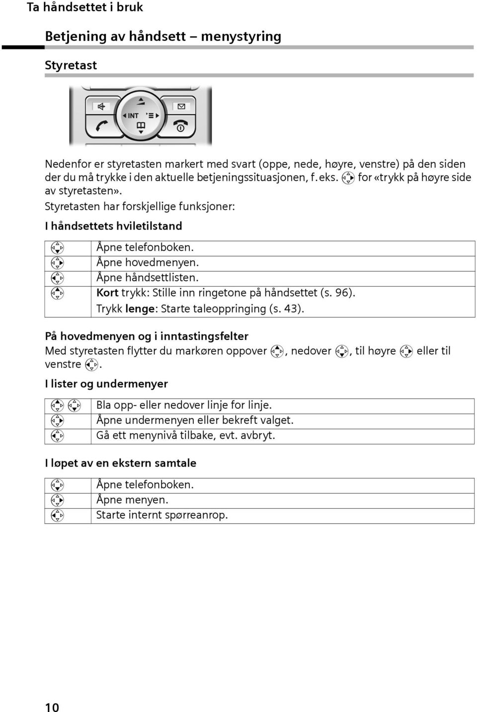 u Åpne håndsettlisten. t Kort trykk: Stille inn ringetone på håndsettet (s. 96). Trykk lenge: Starte taleoppringing (s. 43).