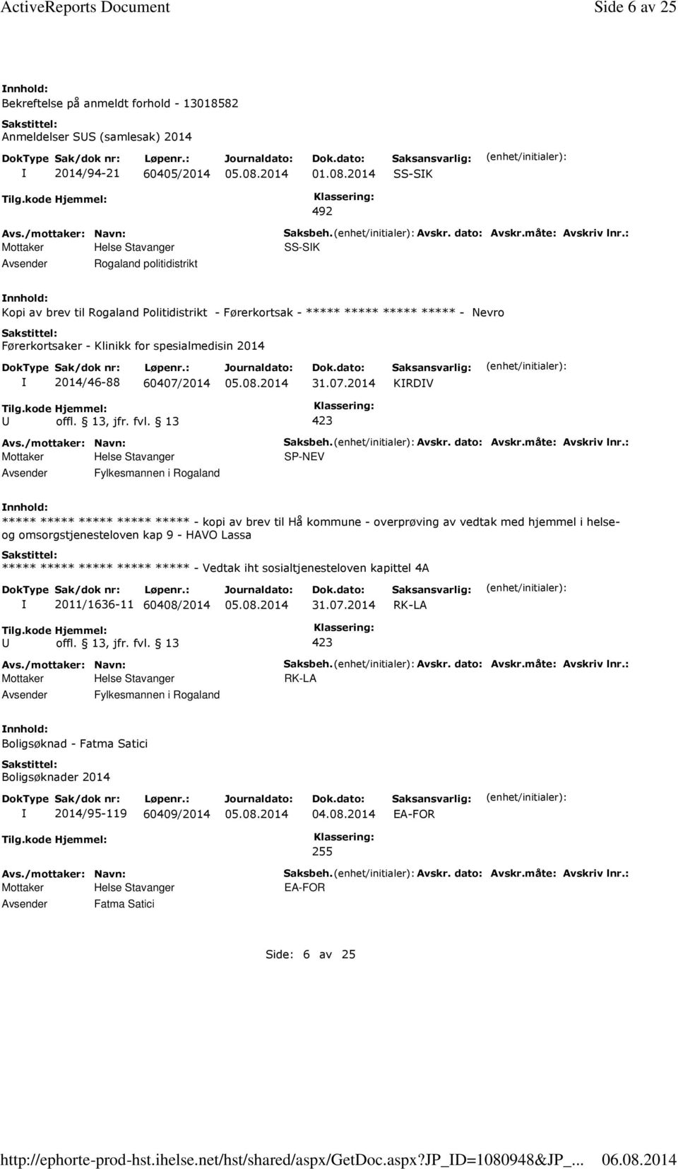 : SS-SK Kopi av brev til Rogaland Politidistrikt - Førerkortsak - ***** ***** ***** ***** - Nevro Førerkortsaker - Klinikk for spesialmedisin 2014 2014/46-88 60407/