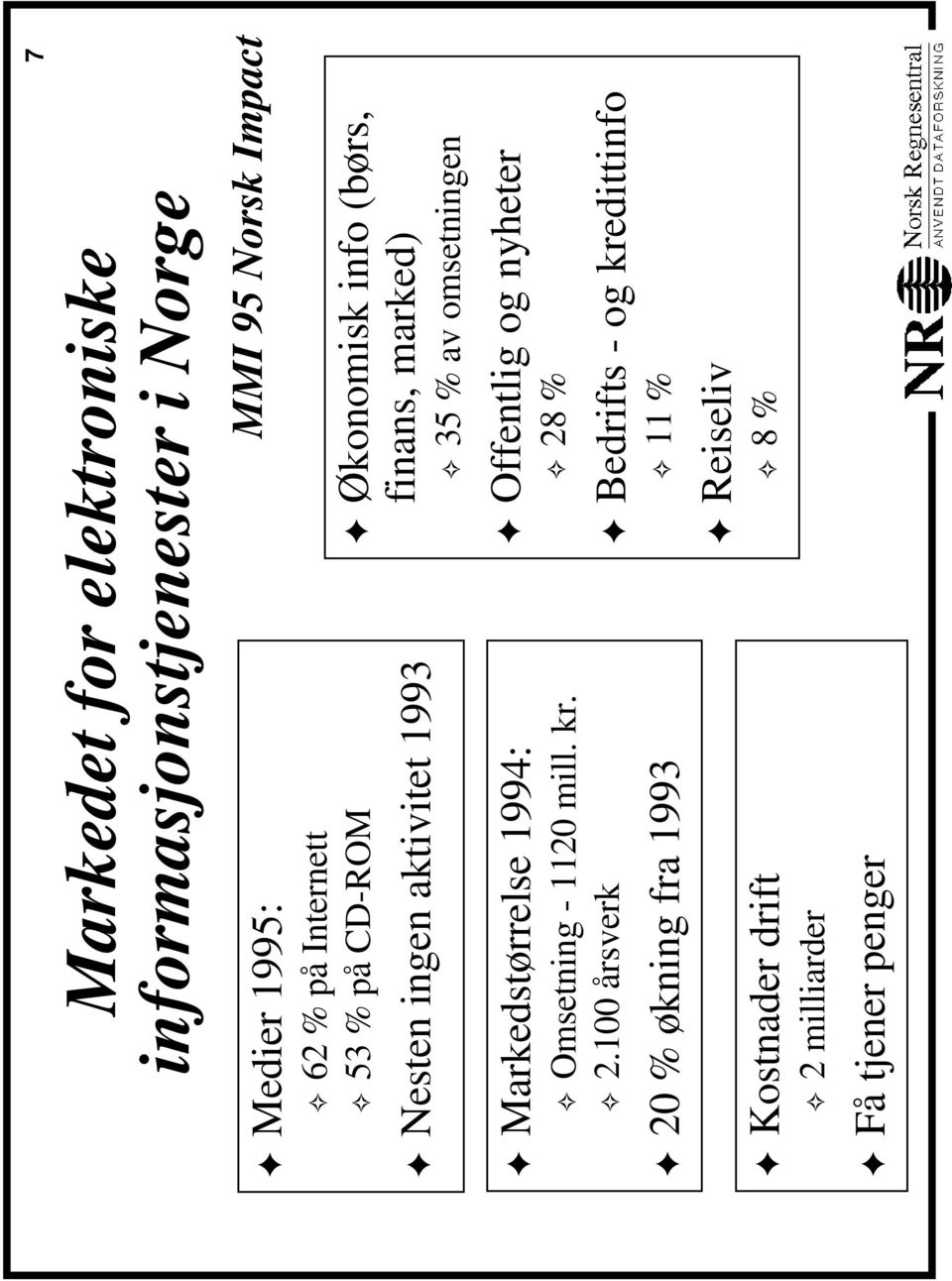 100 årsverk 20 % økning fra 1993 Kostnader drift 2 milliarder Få tjener penger 77 1# MMI 95 Norsk Impact
