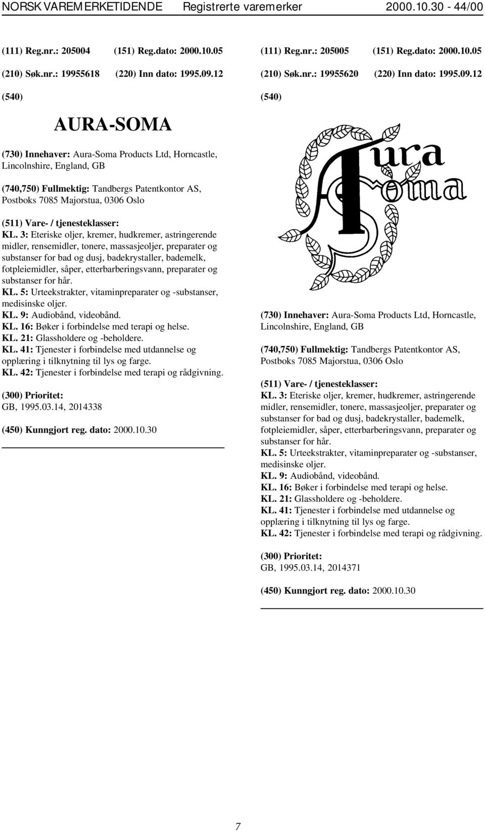 12 AURA-SOMA (730) Innehaver: Aura-Soma Products Ltd, Horncastle, Lincolnshire, England, GB (740,750) Fullmektig: Tandbergs Patentkontor AS, Postboks 7085 Majorstua, 0306 Oslo KL.