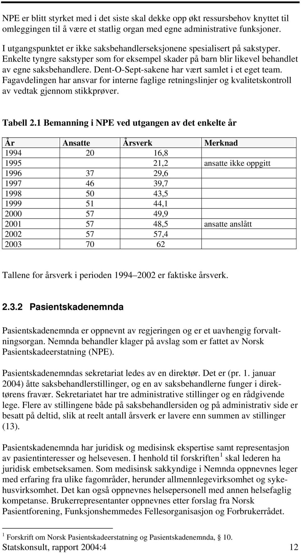 Dent-O-Sept-sakene har vært samlet i et eget team. Fagavdelingen har ansvar for interne faglige retningslinjer og kvalitetskontroll av vedtak gjennom stikkprøver. Tabell 2.