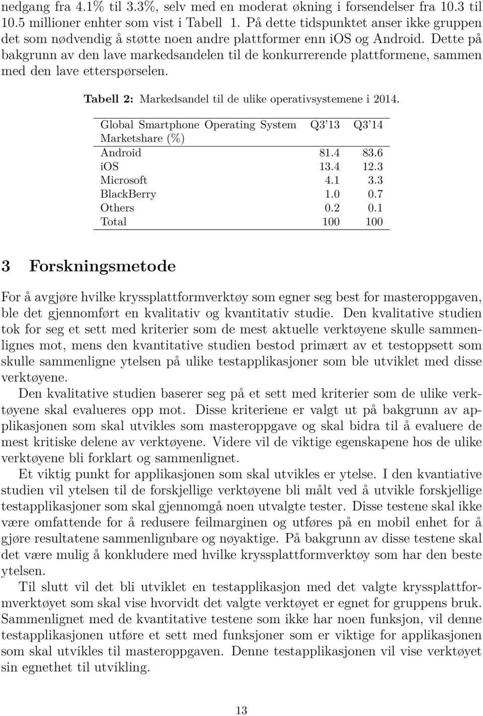 Dette på bakgrunn av den lave markedsandelen til de konkurrerende plattformene, sammen med den lave etterspørselen. Tabell 2: Markedsandel til de ulike operativsystemene i 2014.