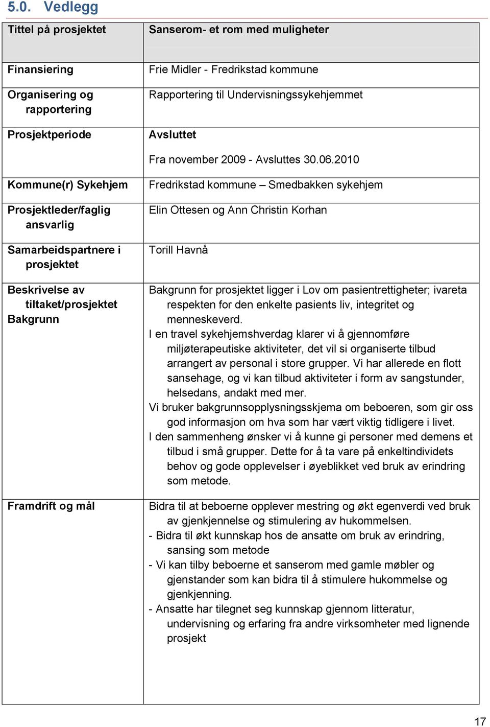 2010 Kommune(r) Sykehjem Prosjektleder/faglig ansvarlig Samarbeidspartnere i prosjektet Beskrivelse av tiltaket/prosjektet Bakgrunn Framdrift og mål Fredrikstad kommune Smedbakken sykehjem Elin