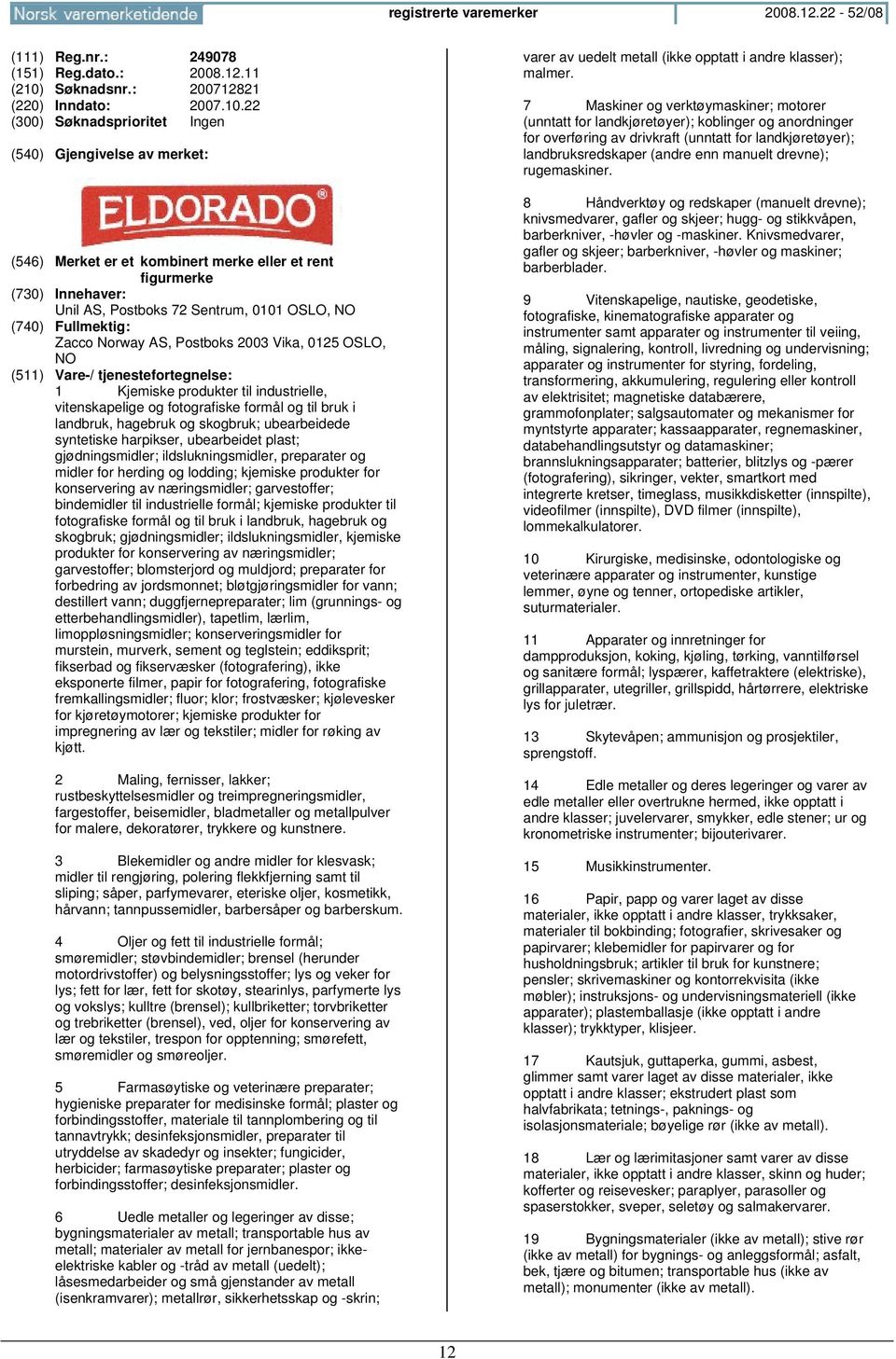 22 (300) Søknadsprioritet Ingen (546) Merket er et kombinert merke eller et rent figurmerke Unil AS, Postboks 72 Sentrum, 0101 OSLO, NO Zacco Norway AS, Postboks 2003 Vika, 0125 OSLO, NO 1 Kjemiske