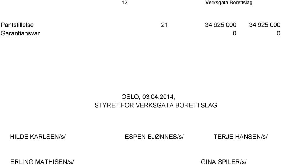 2014, STYRET FOR VERKSGATA BORETTSLAG HILDE