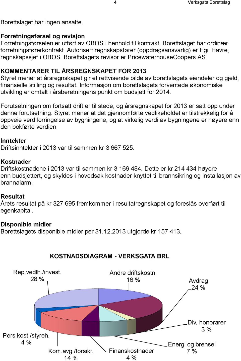 KOMMENTARER TIL ÅRSREGNSKAPET FOR 2013 Styret mener at årsregnskapet gir et rettvisende bilde av borettslagets eiendeler og gjeld, finansielle stilling og resultat.