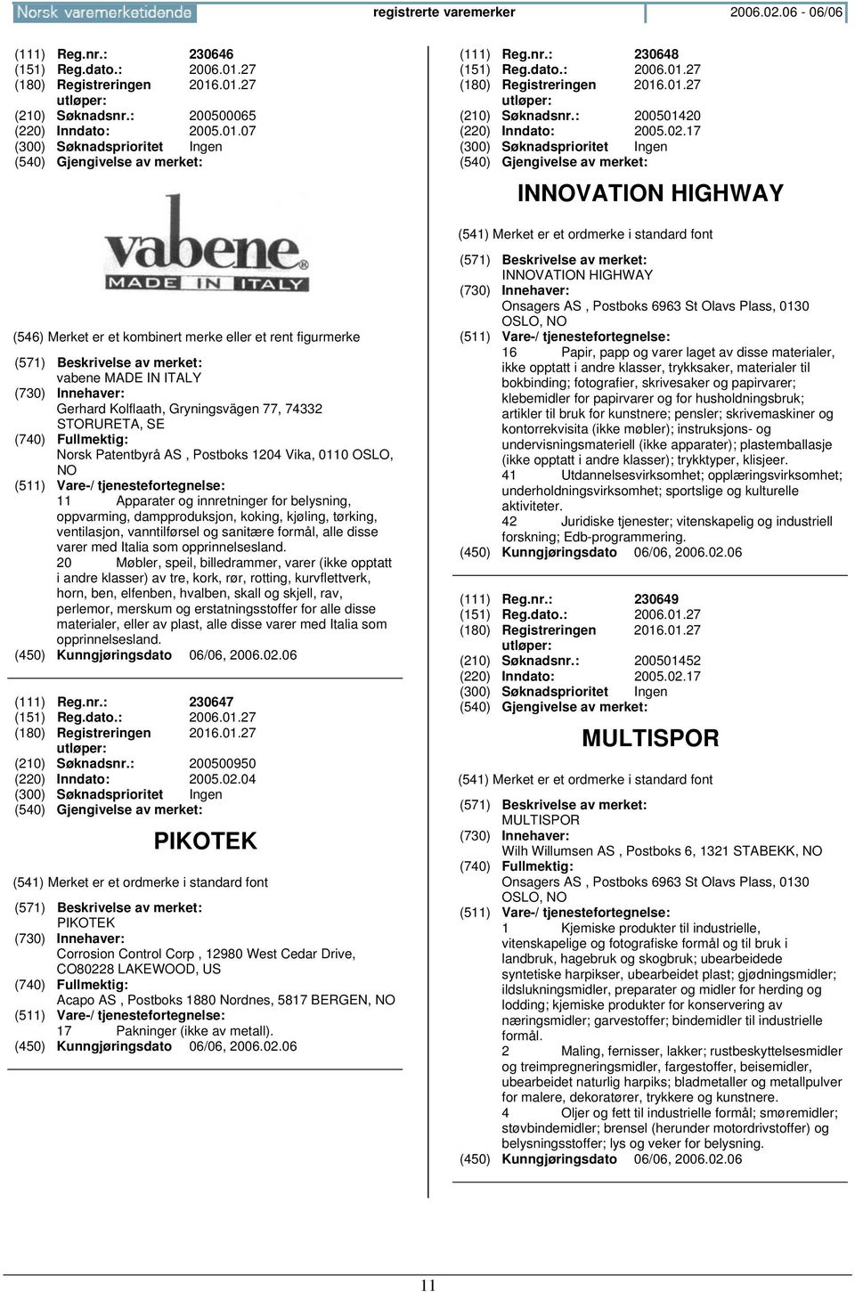 17 INVATION HIGHWAY vabene MADE IN ITALY Gerhard Kolflaath, Gryningsvägen 77, 74332 STORURETA, SE Norsk Patentbyrå AS, Postboks 1204 Vika, 0110 OSLO, 11 Apparater og innretninger for belysning,