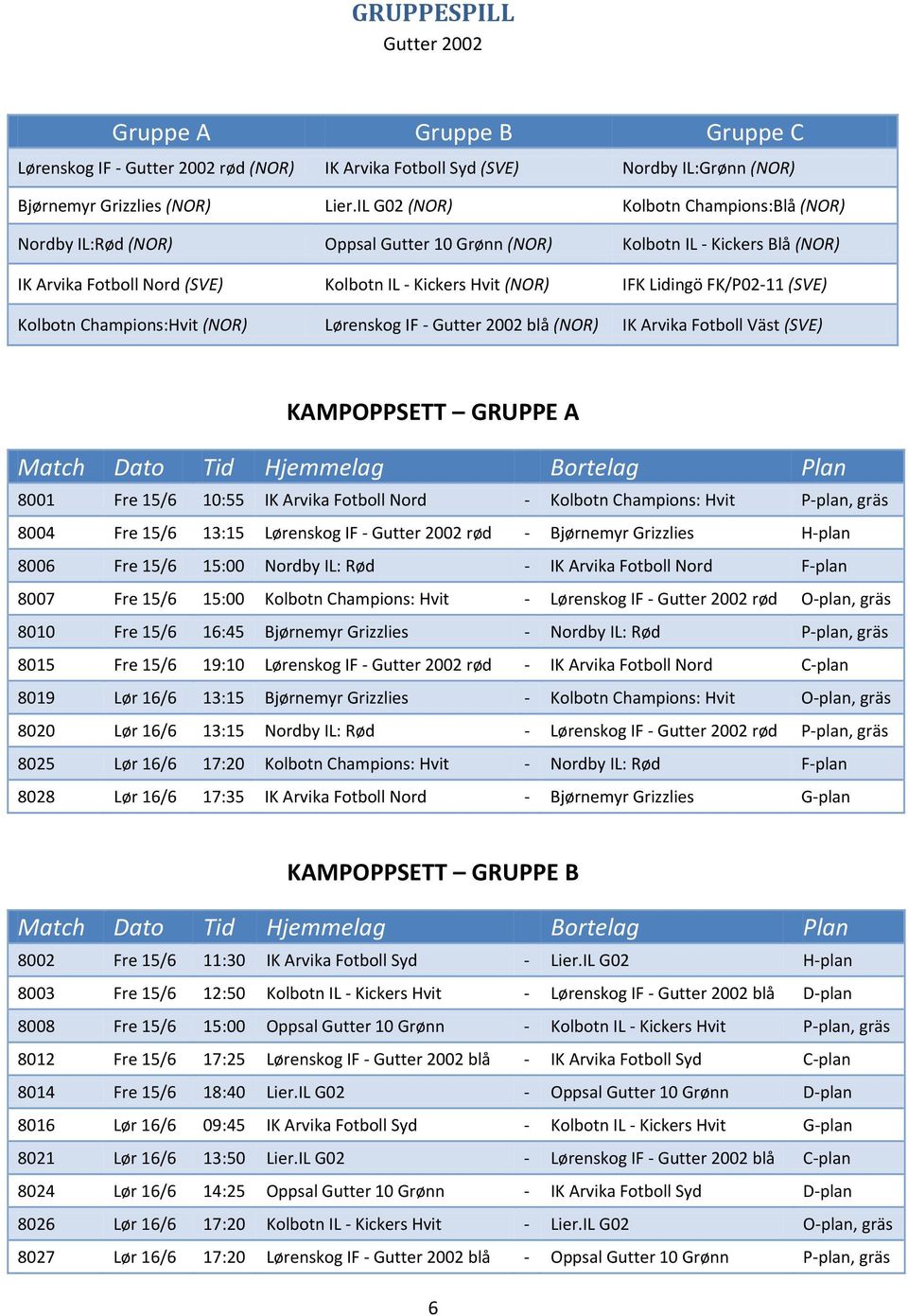 FK/P02-11 (SVE) Kolbotn Champions:Hvit (NOR) Lørenskog IF - Gutter 2002 blå (NOR) IK Arvika Fotboll Väst (SVE) KAMPOPPSETT GRUPPE A Match Dato Tid Hjemmelag Bortelag Plan 8001 Fre 15/6 10:55 IK