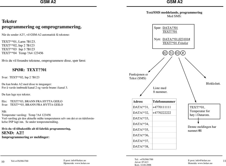 *01 Fritekst 02 31 01 # Hvis du vil forandre tekstene, omprogrammere disse, spør først: SPØR: TEXT??01 Svar: TEXT**02, Inp 2?