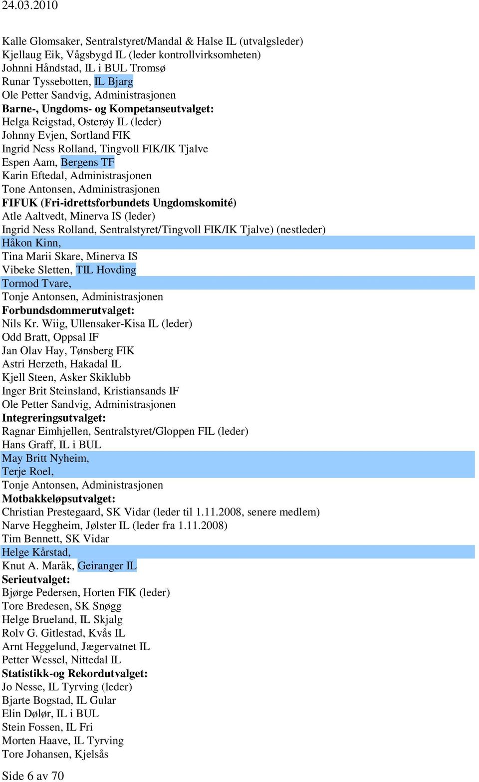 Administrasjonen Tone Antonsen, Administrasjonen FIFUK (Fri-idrettsforbundets Ungdomskomité) Atle Aaltvedt, Minerva IS (leder) Ingrid Ness Rolland, Sentralstyret/Tingvoll FIK/IK Tjalve) (nestleder)